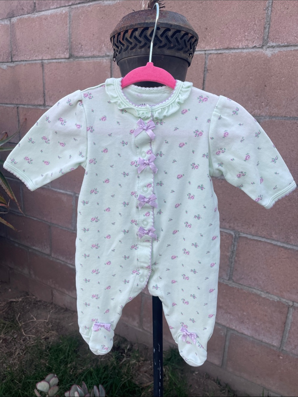Vintage Little Me Baby Sleeper Green Sz Newborn Floral Ruffles EUC